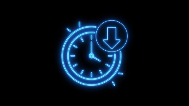 Animated neon clock icon with a downward arrow symbolizing time reduction on black background