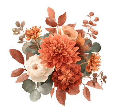 Autumn floral bouquet with dahlia, rose and eucalypts leaves. Burnt orange floers, terracotta foliage. Wtercolor illustration. Rusic wedding