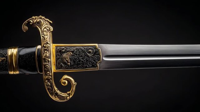 An exceptional sword featuring intricate designs and high quality materials is displayed prominently against a dark background