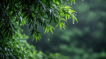 Green Leaves with Water Drops After Rain, Fresh Natural Ecological Plant Close-up Background