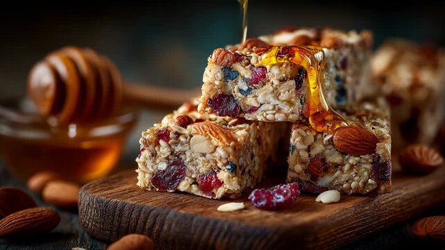 Healthy Snack Bars with Nuts and Dried Fruits on Wooden Board