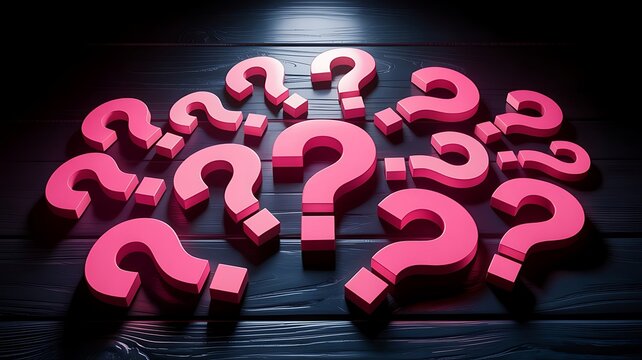 Pink question marks on dark wood background Uncertainty mystery inquiry