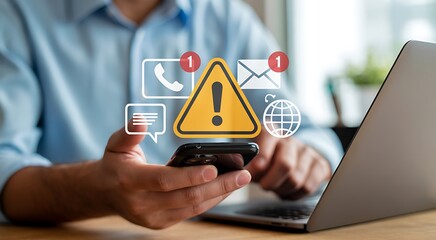 Urgent Alert: Man Receives Multiple Notifications on Smartphone and Laptop; Serious, Concerned Expression.