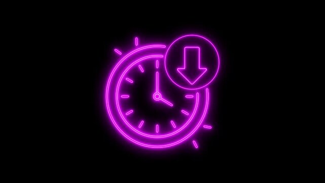 Animated neon clock icon with down arrow signifying time decrease on black background