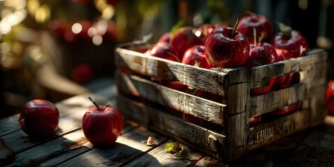 Wooden crate filled with fresh red apples on outdoor table in orchard, perfect for farm market ad, harvest promo