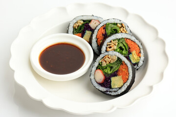 Gimbap or Kimbap, Korean Food Made from Cooked Rice with Vegetables, Egg, Meat