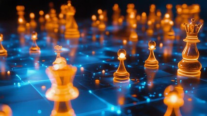 Glowing glass chess pieces standing on futuristic blue chessboard