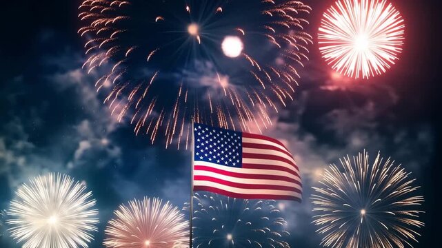 Fireworks illuminate the night sky above an American flag in a vibrant celebration of national pride