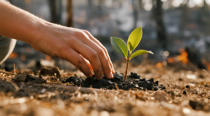 A faceless child's hands planting a small, green sapling in the ashen soil