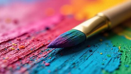 Fototapeta premium Close-up of a paintbrush, bristles saturated with vibrant color, resting on a textured canvas Ready for the next stroke of artistic expression , imagination, vibrant