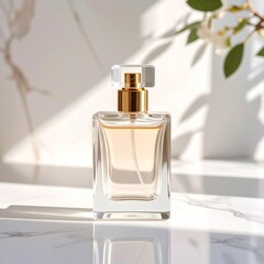 A glass bottle of luxury perfume sits on a white background, containing a fragrant cosmetic liquid