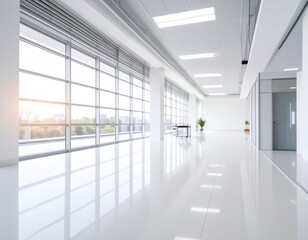 Fototapeta premium Modern Clean Bright Office Interior with Large Windows and Plants