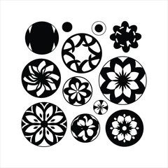 Collection of black and white circular floral and geometric patterns abstract circle
