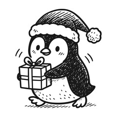 Penguin with gift christmas, vector on transparent background