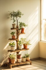 A multi-tiered wooden plant stand displays a variety of houseplants in various sized pots, bathed in natural sunlight, against a light beige wall.