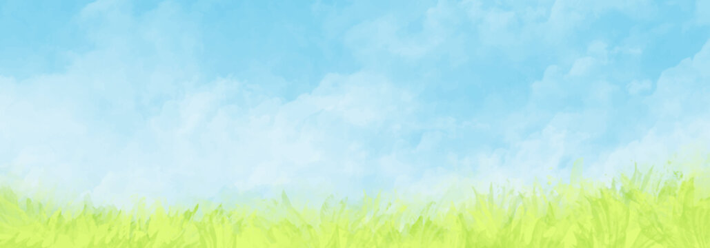 Abstract summer landscape vector watercolor background with blue sky, white clouds and green field. Watercolor illustration for interior, flyers, poster, cover, banner. Modern hand draw painting.