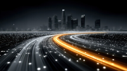 Fototapeta premium Digital rivers of data flow through futuristic cityscape with smart sensors lighting up nodes in real time