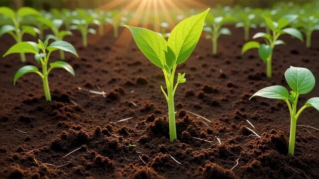 Dynamic sprout growth in the soil with sunrays, conveying new life and agricultural promise