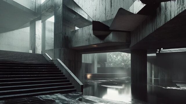 Brutalism architecture flooding with dark and gloomy atmosphere