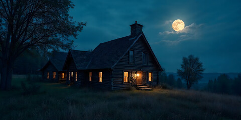 rustic house in the forest  with full moon 
