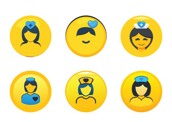 Collection of Nurse Emoji Illustrations Featuring Various Hairstyles and Heart Designs