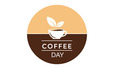 Vector illustration for "Coffee Day" with a minimalist coffee cup and leaves in a two-tone circular logo, isolated on a white background. Perfect for branding and events.