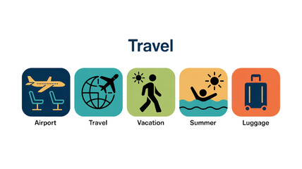 A minimalist travel-themed icon set arranged horizontally against on a transparent background.