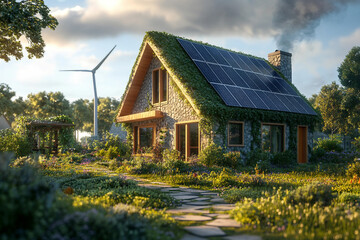 Obraz premium Sustainable Construction Design Featuring Eco-Friendly Living with Solar Panels and Green Roofs Generated by AI