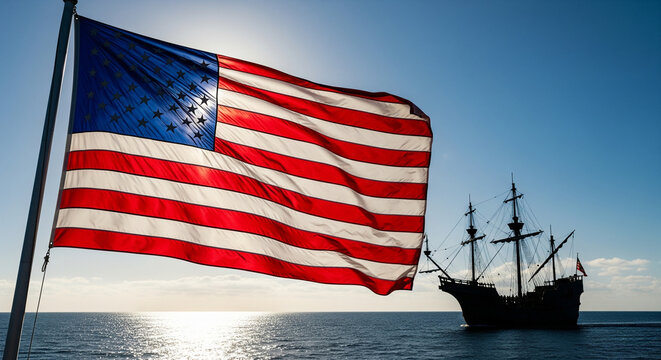 American flag waving with tall ship sailing on the ocean view