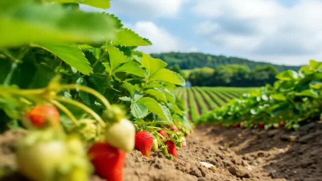 Strawberry field rows under a sunny sky