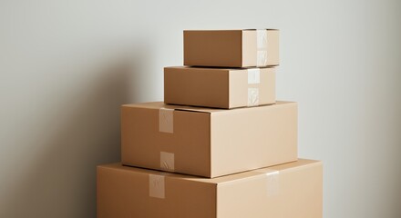 Fototapeta premium Stacked cardboard boxes sealed with tape, minimal kraft packaging background. Perfect for delivery, shipping, storage, moving, and packaging design mockups in modern style.