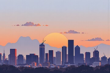 Minimalist Skyline at Sunset with Soft Colors and Mountain Silhouette