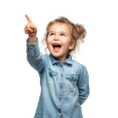 Happy young girl pointing upward on transparent background