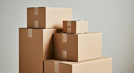 Obraz premium Stacked cardboard boxes sealed with tape, minimal kraft packaging background. Perfect for delivery, shipping, storage, moving, and packaging design mockups in modern style.