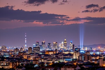 Stunning Distant City Landscape at Twilight with Dramatic Skies