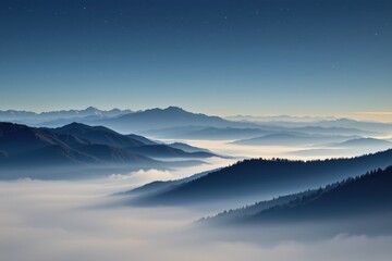 Serene Distant Mountains Under Soft Blue Sky with Misty Valley