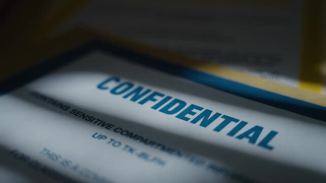 Close up on word confidential marking security clearance on secret documents. Mysterious classified sensitive government agency information and data in manila folders in dark office room and desk