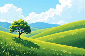 Gentle Rolling Green Valley with Tree and Blue Sky in Daylight