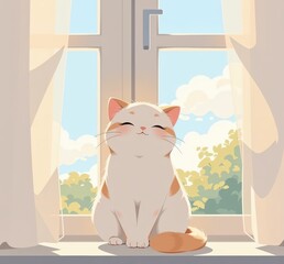 Cute Anime Cat Sitting by Window with Bright Sunny Background