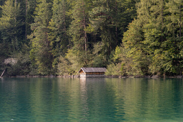 Tranquil wooden cabin by a serene lake surrounded by lush greenery in autumn
