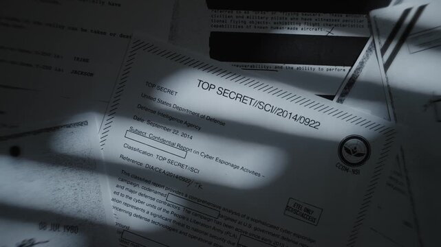 Camera top shot spin over censored top secret government documents and files. Dark office room with strong window shutters or blinds shadow on paper stack pile of sensitive intelligence information