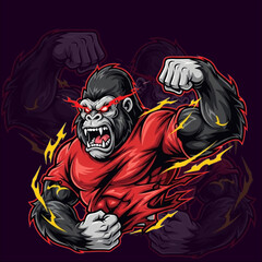 Angry Gorilla Mascot Vector Powerful Cartoon Ape in Red Shirt Logo Illustration