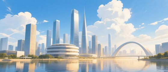 Modern Cityscape with Skyscrapers and Arch Bridge Reflecting in Water