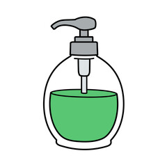 Simple cartoon illustration of a clear plastic soap dispenser filled with green liquid and a gray pump mechanism against a white background