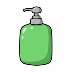 Simple cartoon illustration of a green liquid soap dispenser with a pump mechanism on a white background