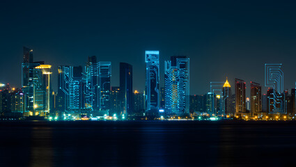 Futuristic Cityscape Wallpaper: Nighttime City Skyline with Circuit Board Overlay, Digital Art, Technology Theme.