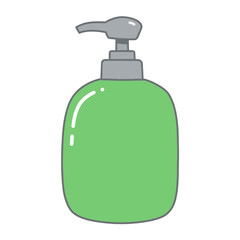 A simple cartoon illustration of a green pump dispenser bottle with a gray pump mechanism on a white background