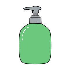 A simple hand drawn illustration of a green pump bottle dispenser for liquid soap lotion or sanitizer isolated on a white background