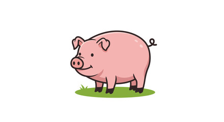 Charming cartoon illustration of a happy pink pig standing on green grass with a curly tail and a friendly smile