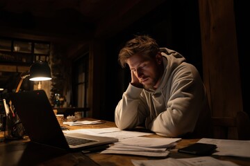 Obraz premium Man sitting alone near scattered papers and laptop. Eyes closed, deep in exhaustion